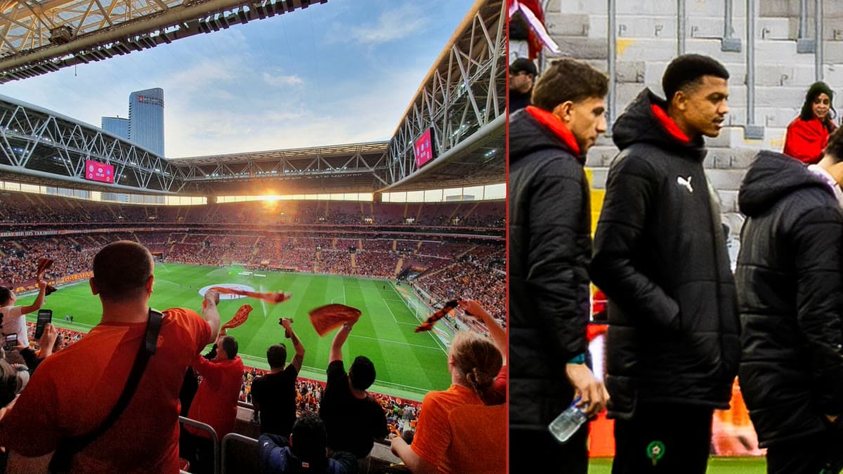 Solda Galatasaray'ın RAMS Park'ı, sağda Fas Millî Takımı kafilesinin ortasında Faslı stoper Abdelhamid Ait Boudlal (31 Mart