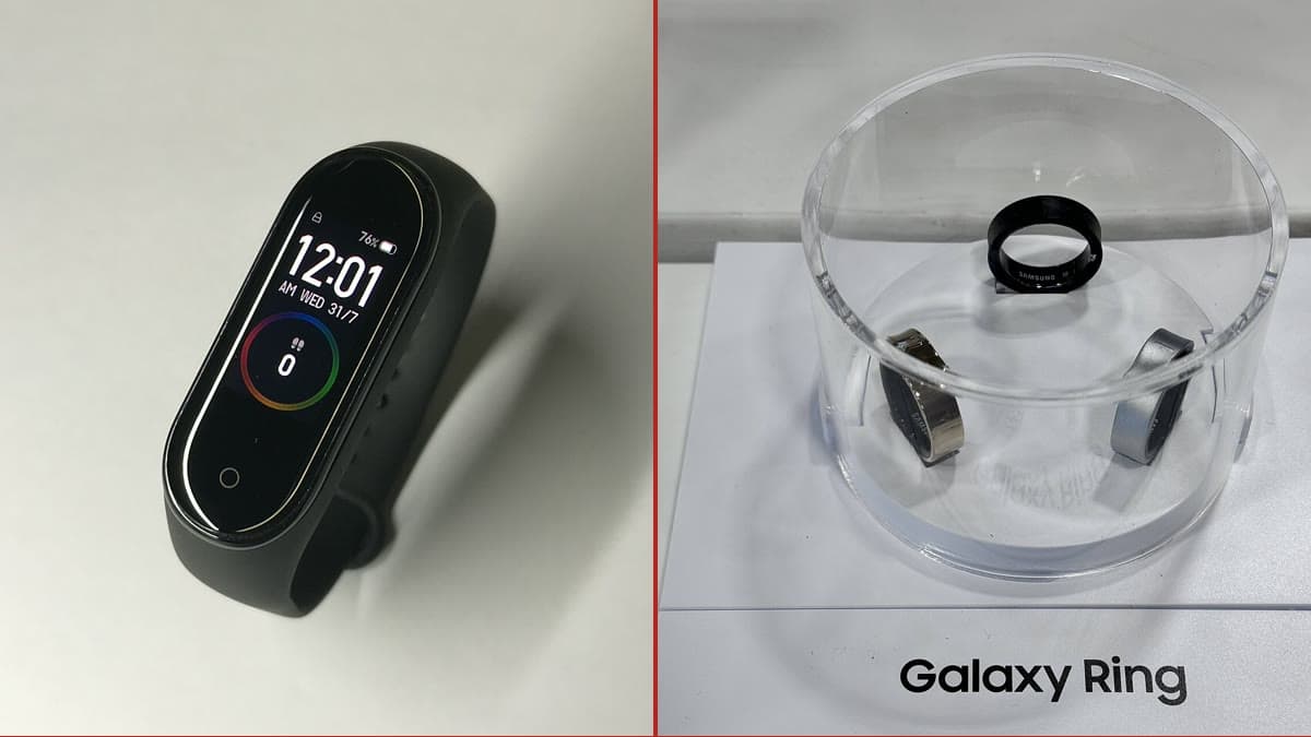 Solda ekranlı bir akıllı bileklik, sağda Samsung Galaxy Ring akıllı yüzüğü — akıllı bileklik ve akıllı yüzük karşılaştırması