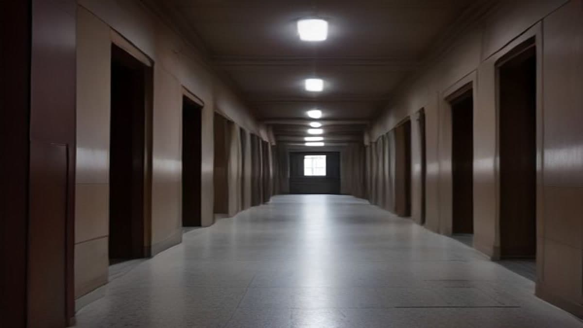 Gece adliye koridoru, boş sıralar ve kapalı duruşma salonu kapıları (temsilî görsel)