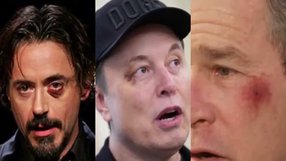 Robert Downey Jr., Elon Musk ve George W. Bush'un morarmış gözlerini gösteren üçlü kolaj (video karesi)
