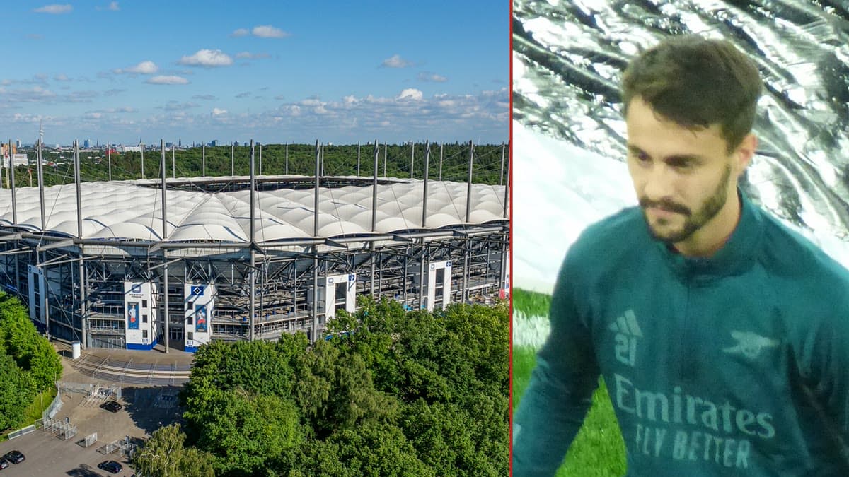 Solda Hamburger SV'nin Volksparkstadion'u, sağda Arsenal antrenman üstü ve 21 numarayla Fabio Vieira (Ekim 2023 arşiv