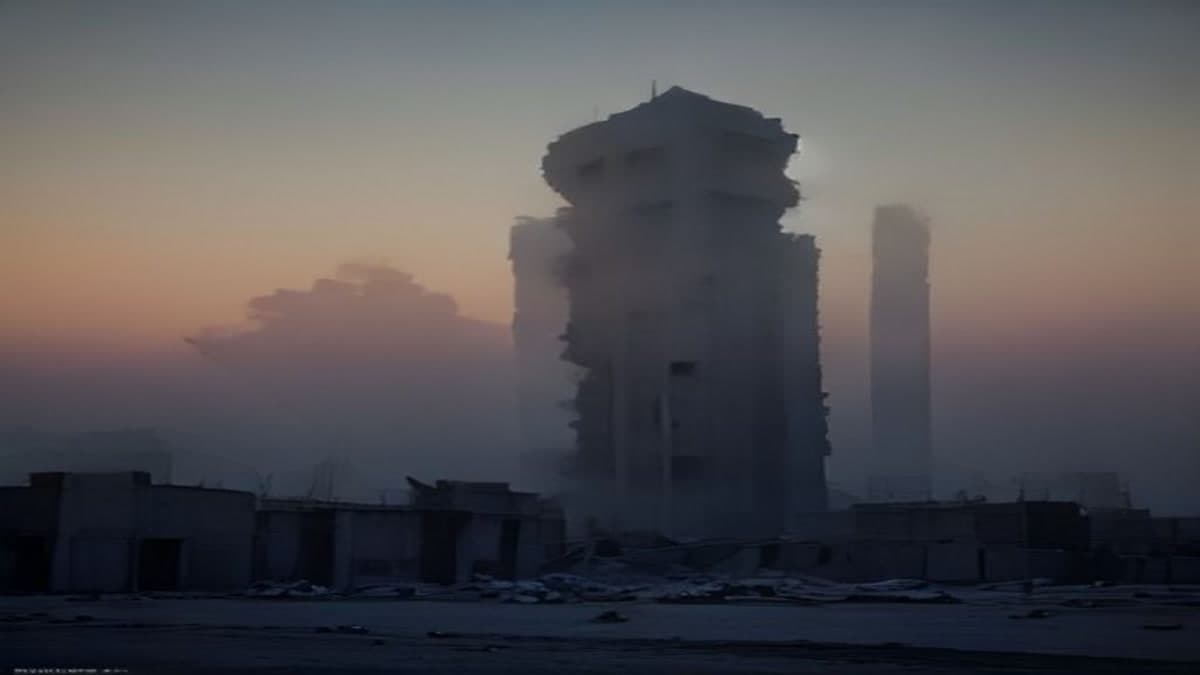Alacakaranlıkta yıkılmış beton bina cephesi ve ufukta duman (temsilî görsel)