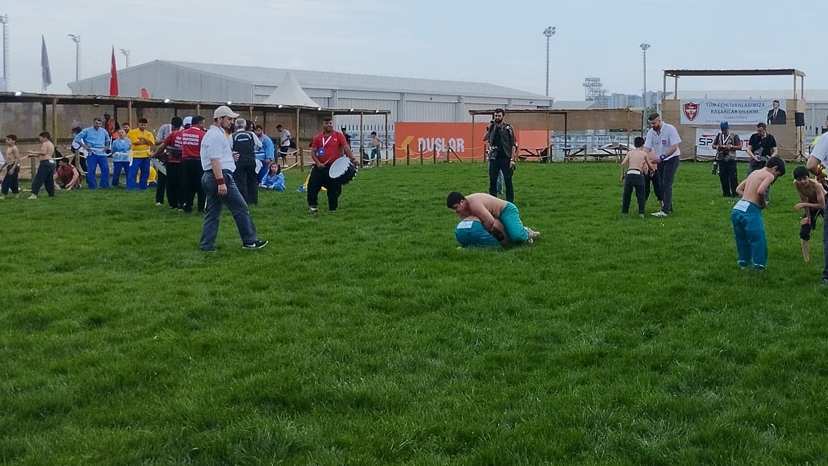 Türkiye'de bir yağlı güreş festivalinde er meydanı ve pehlivanlar (arşiv görüntü)