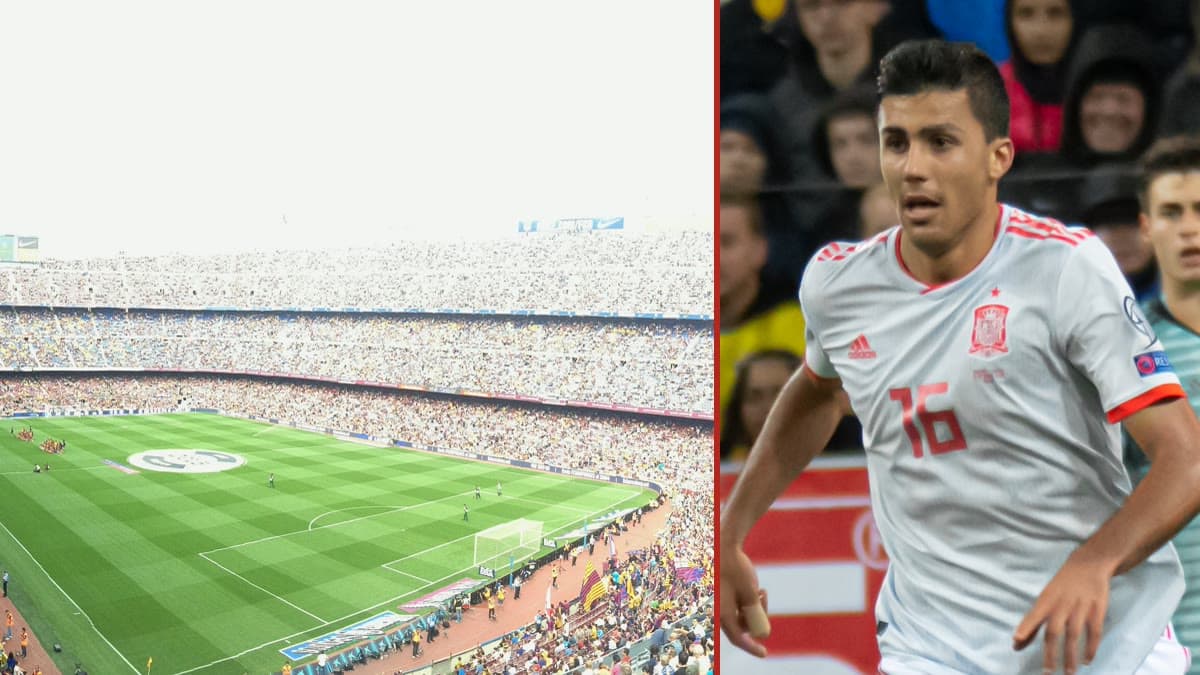 Solda Barcelona'nın Camp Nou stadyumu, sağda İspanya Millî Takımı formasıyla Rodri (arşiv) — kompozit kapak