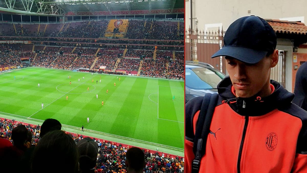 Solda Galatasaray'ın RAMS Park'ı, sağda Milan eşofmanıyla takım oteline gelen Tijjani Reijnders (arşiv görüntü)