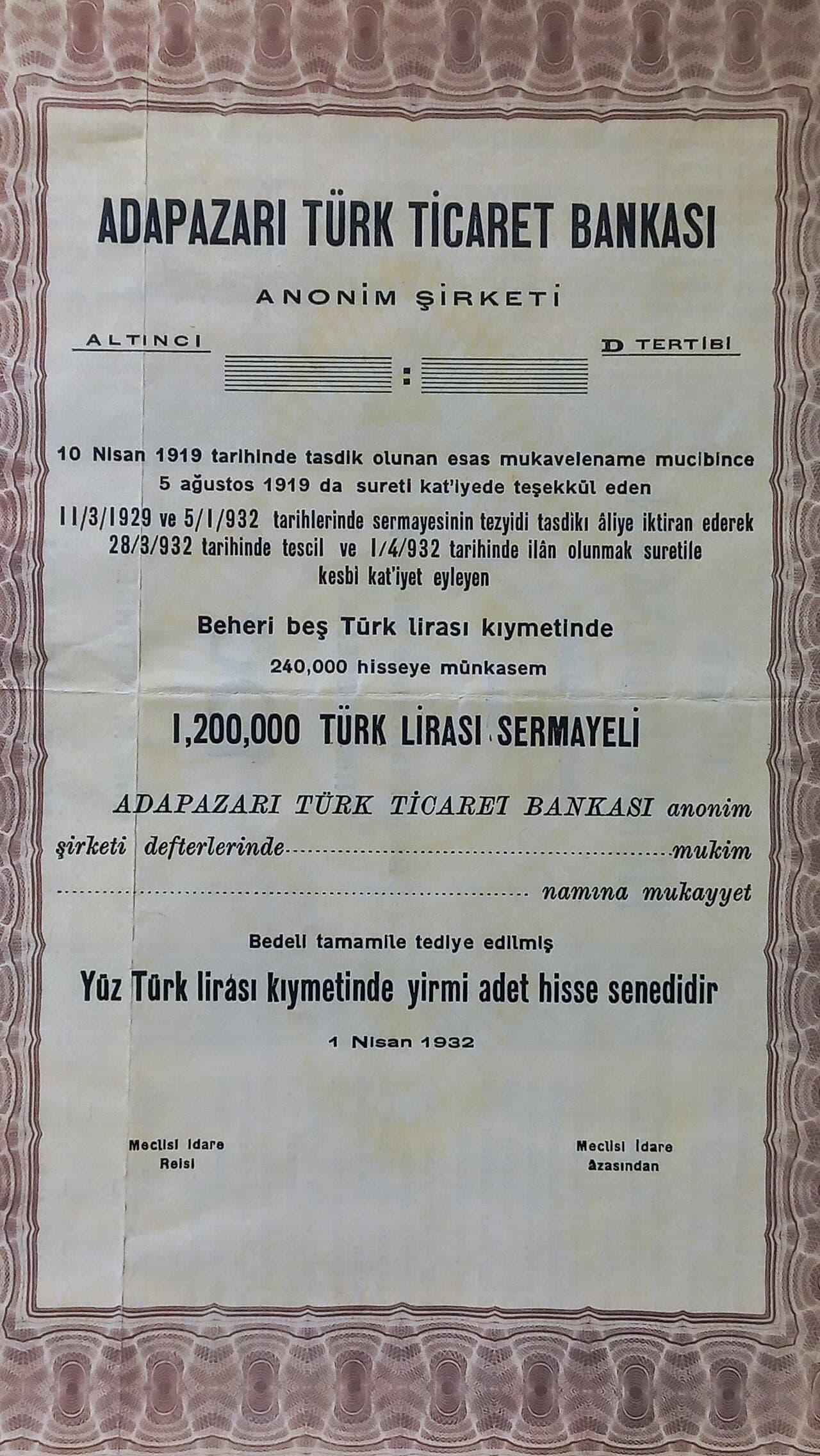 Adapazarı Ticaret Müzesi'nde sergilenen tarihi hisse senedi belgesi