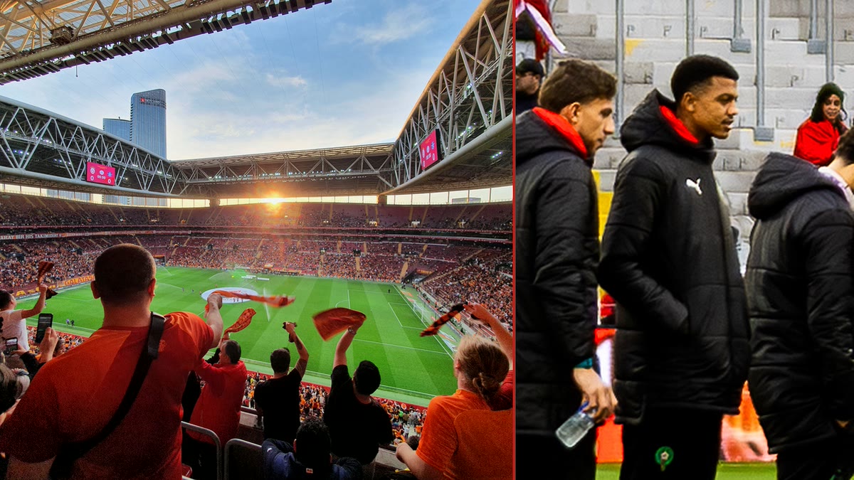 Solda Galatasaray'ın RAMS Park'ı, sağda Fas Millî Takımı kafilesinin ortasında Faslı stoper Abdelhamid Ait Boudlal (31 Mart 2026, Paraguay maçı öncesi) — Galatasaray, Rennes'li oyuncu için ilk temasını kurdu