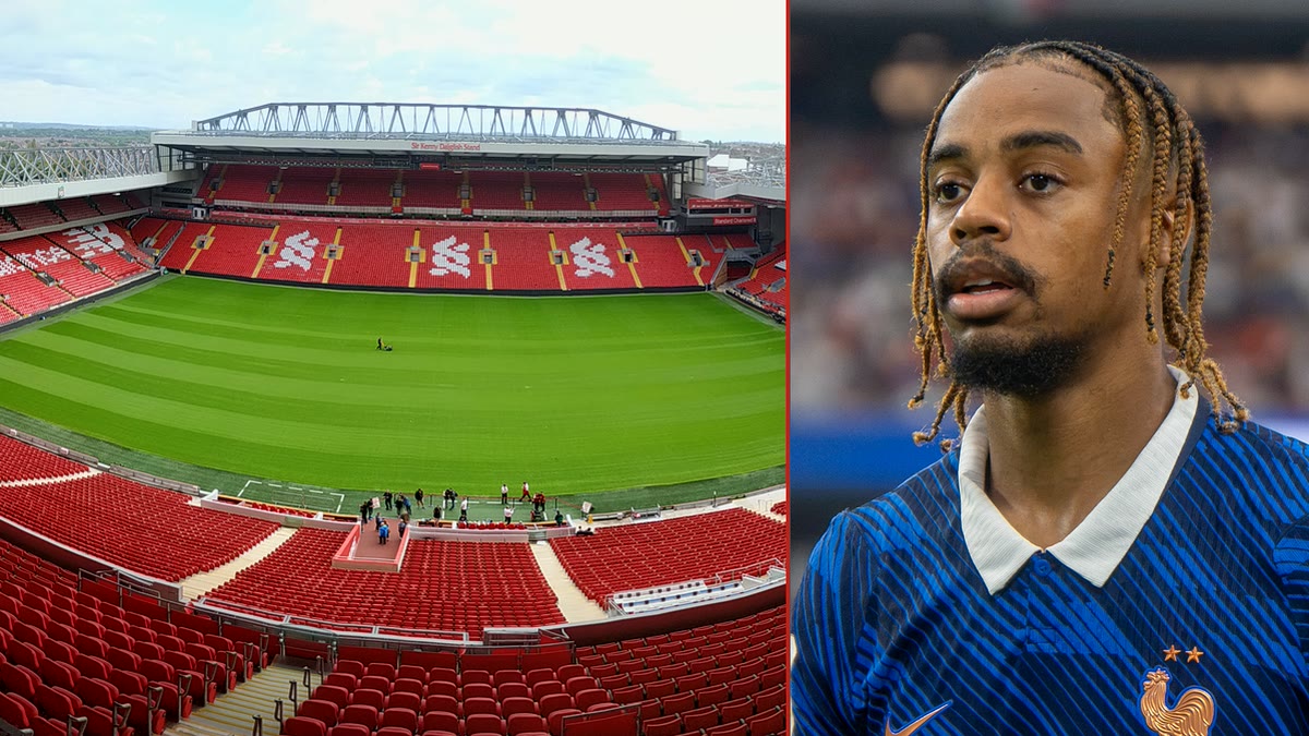 Solda Liverpool'un Anfield Stadyumu, sağda Fransa Millî Takımı forması ve 12 numarayla Bradley Barcola — PSG, oyuncu için Liverpool'dan 170 milyon euro istiyor