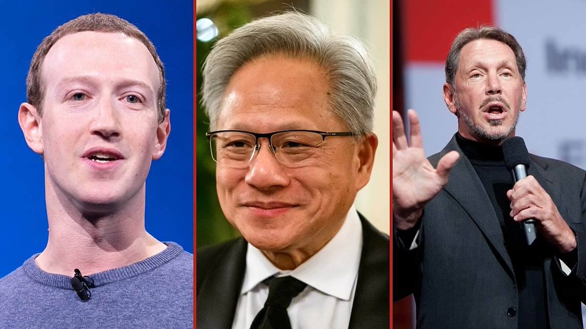 Mark Zuckerberg, Jensen Huang ve Larry Ellison. Fotoğraflar: Anthony Quintano (CC BY 2.0) · Beyaz Saray (kamu malı) · Oracle PR / Hartmann Studios (CC BY 2.0) — Wikimedia Commons