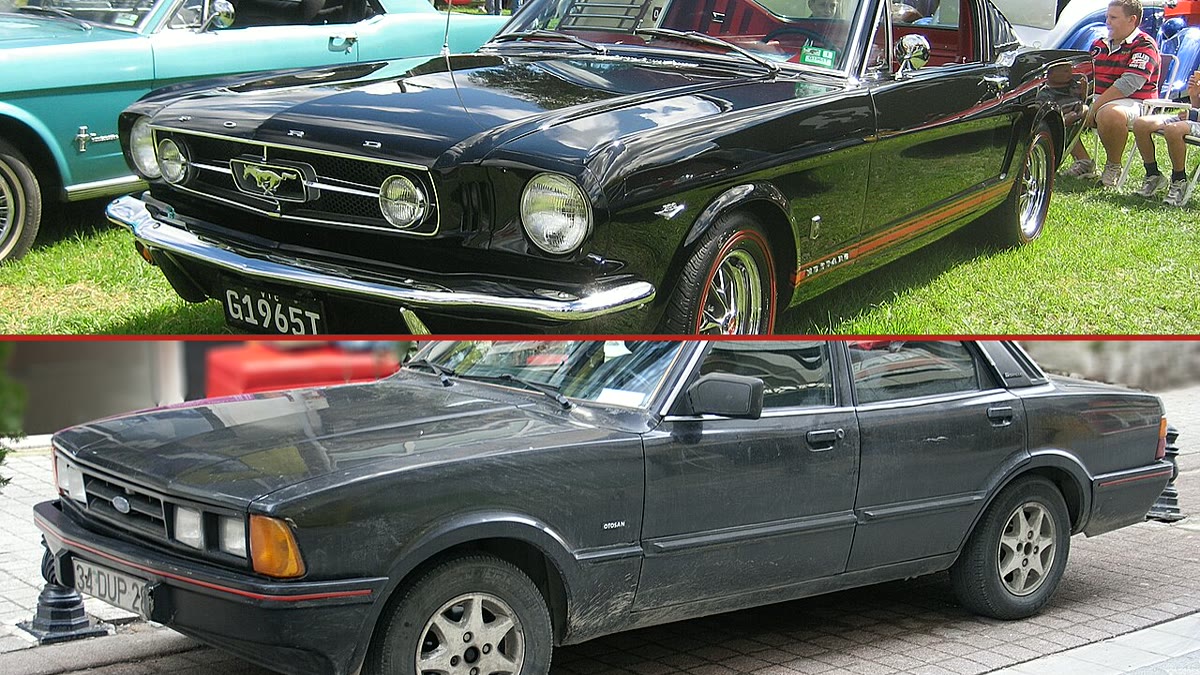 Üstte 1965 model Ford Mustang GT Fastback, altta Türkiye'de üretilmiş Ford Otosan Taunus 2.0 GLS