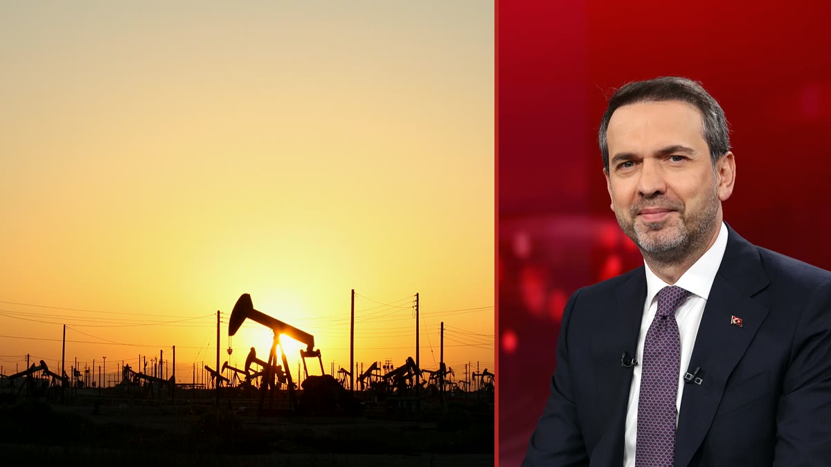 Solda gün batımında petrol çıkarma sahası (temsilî), sağda Enerji ve Tabii Kaynaklar Bakanı Alparslan Bayraktar — Gabar'daki günlük üretimin 83 bin 300 varile ulaştığını açıklayan bakan