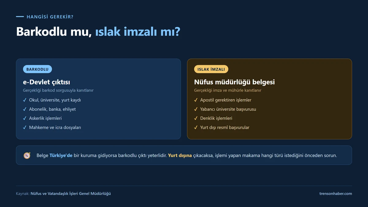 Barkodlu e-Devlet çıktısı ile ıslak imzalı nüfus müdürlüğü belgesinin karşılaştırması