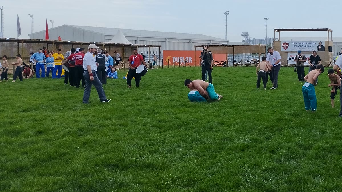 Türkiye'de bir yağlı güreş festivalinde er meydanı ve pehlivanlar (arşiv görüntü)