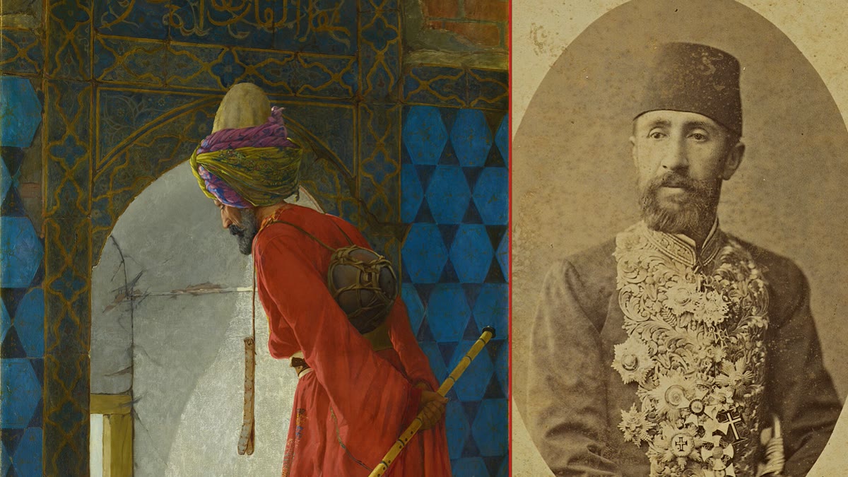 Osman Hamdi Bey'in Kaplumbağa Terbiyecisi tablosundan detay (solda) ve ressamın dönem stüdyo portresi (sağda)