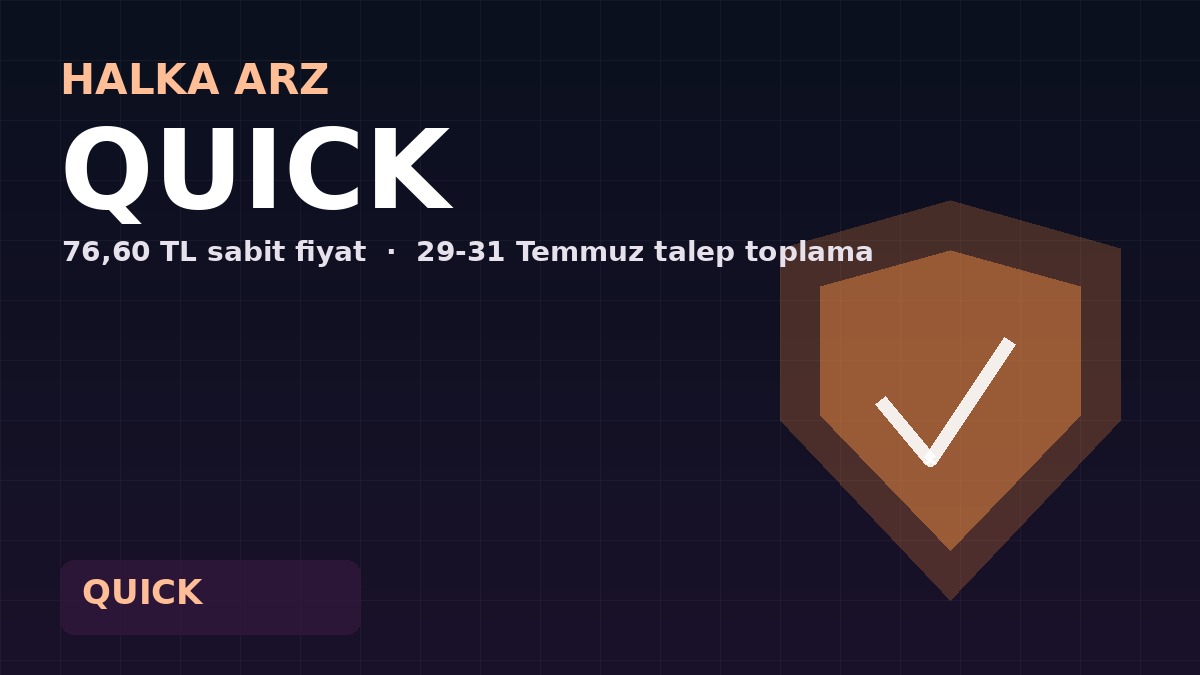 Quick Sigorta halka arzı illüstrasyonu — kalkan/güvence simgesi, 76,60 TL sabit fiyat, 29-31 Temmuz talep toplama
