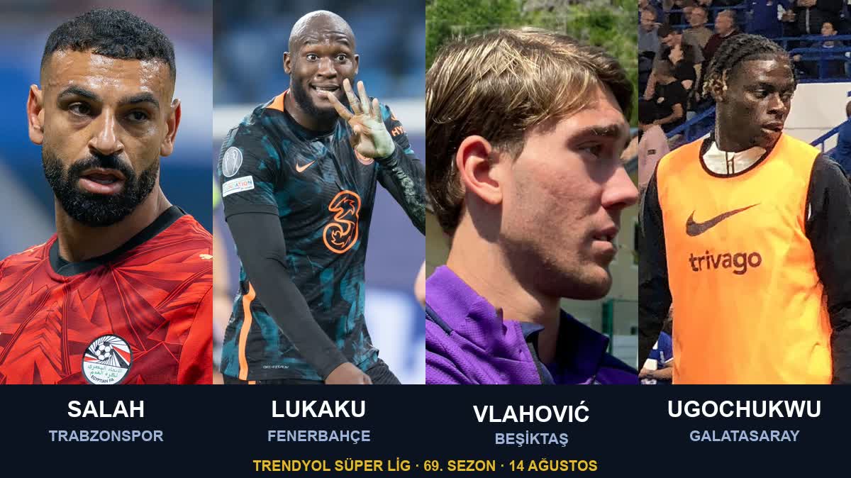 Süper Lig 69. sezonun dört büyük transferi: Mohamed Salah (Trabzonspor), Romelu Lukaku (Fenerbahçe), Dusan Vlahovic (Beşiktaş) ve Lesley Ugochukwu (Galatasaray) — arşiv fotoğraflarından hazırlanan kolaj