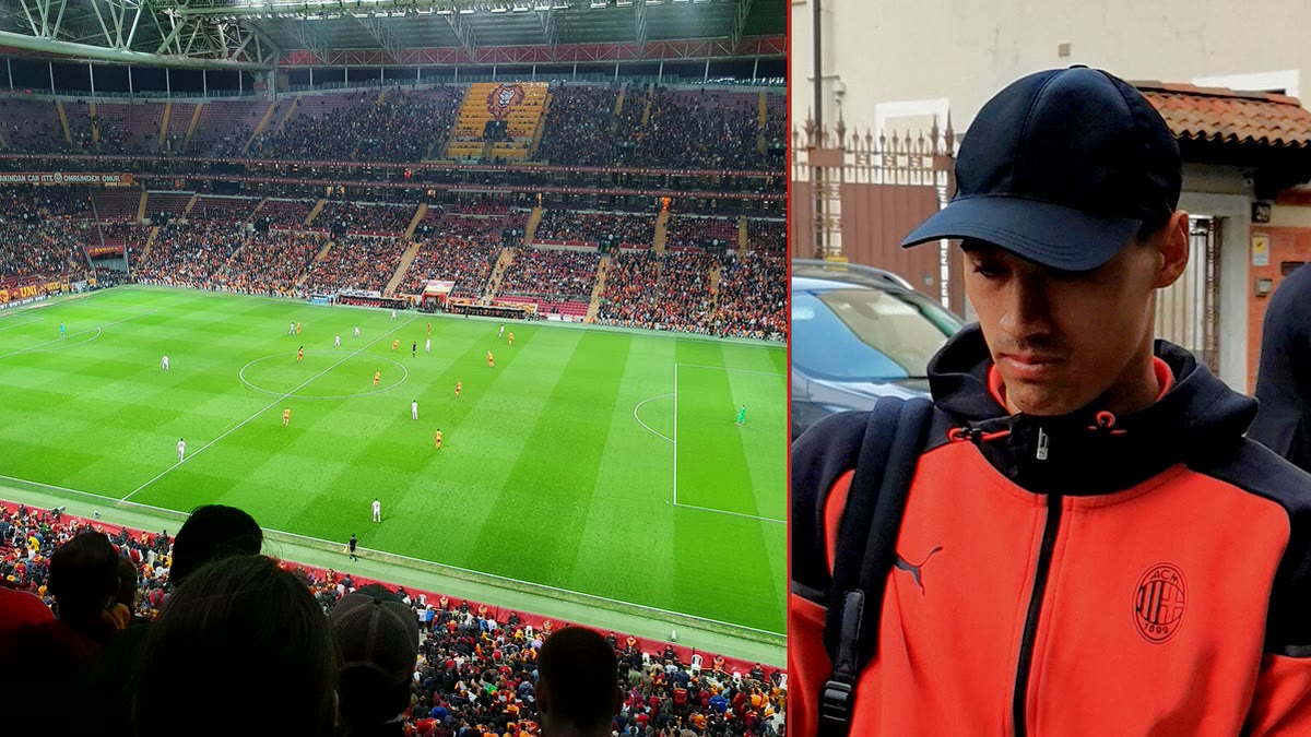 Solda Galatasaray'ın RAMS Park'ı, sağda Milan eşofmanıyla takım oteline gelen Tijjani Reijnders (arşiv görüntü) — Galatasaray, oyuncu için Manchester City'nin onayını bekliyor