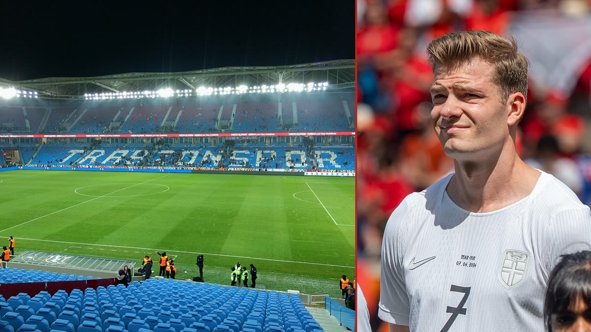 Trabzonspor'un sahası Şenol Güneş Stadyumu (solda) ve Alexander Sörloth (sağda, Norveç millî takımı 2026 arşiv görüntüsü)